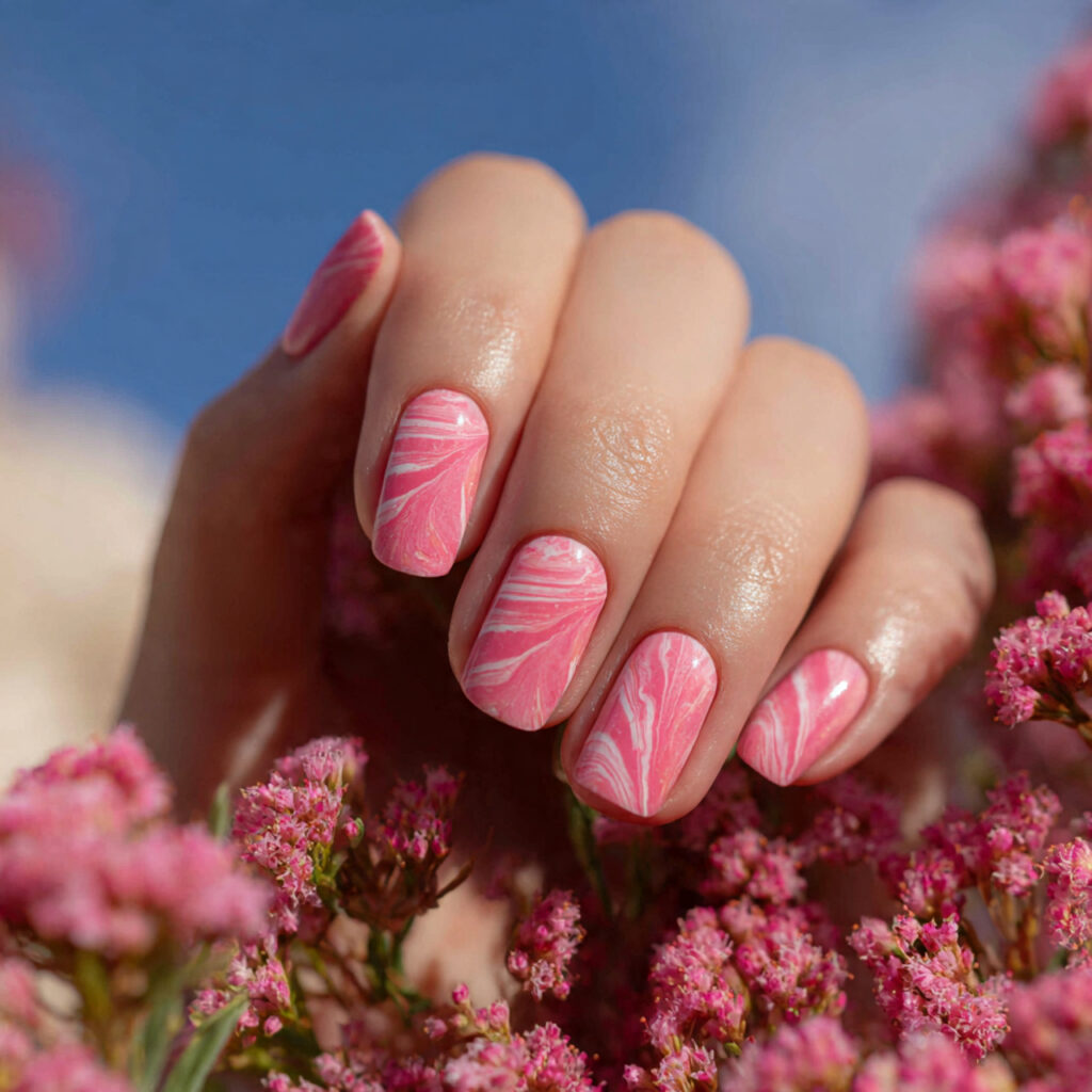 attractive pink swirl nails on a milky base nails