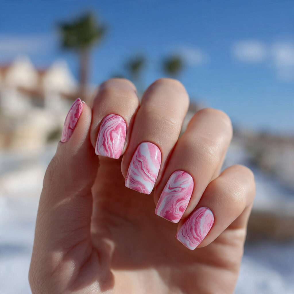attractive pink swirl nails on milky base with out