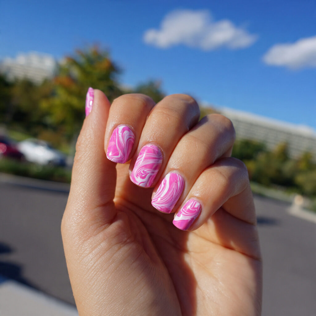 attractive pink swirl nails with outdoor backgroun