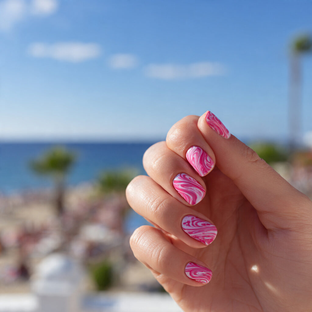 attractive pink swirl nails with outdoor summer ba 1