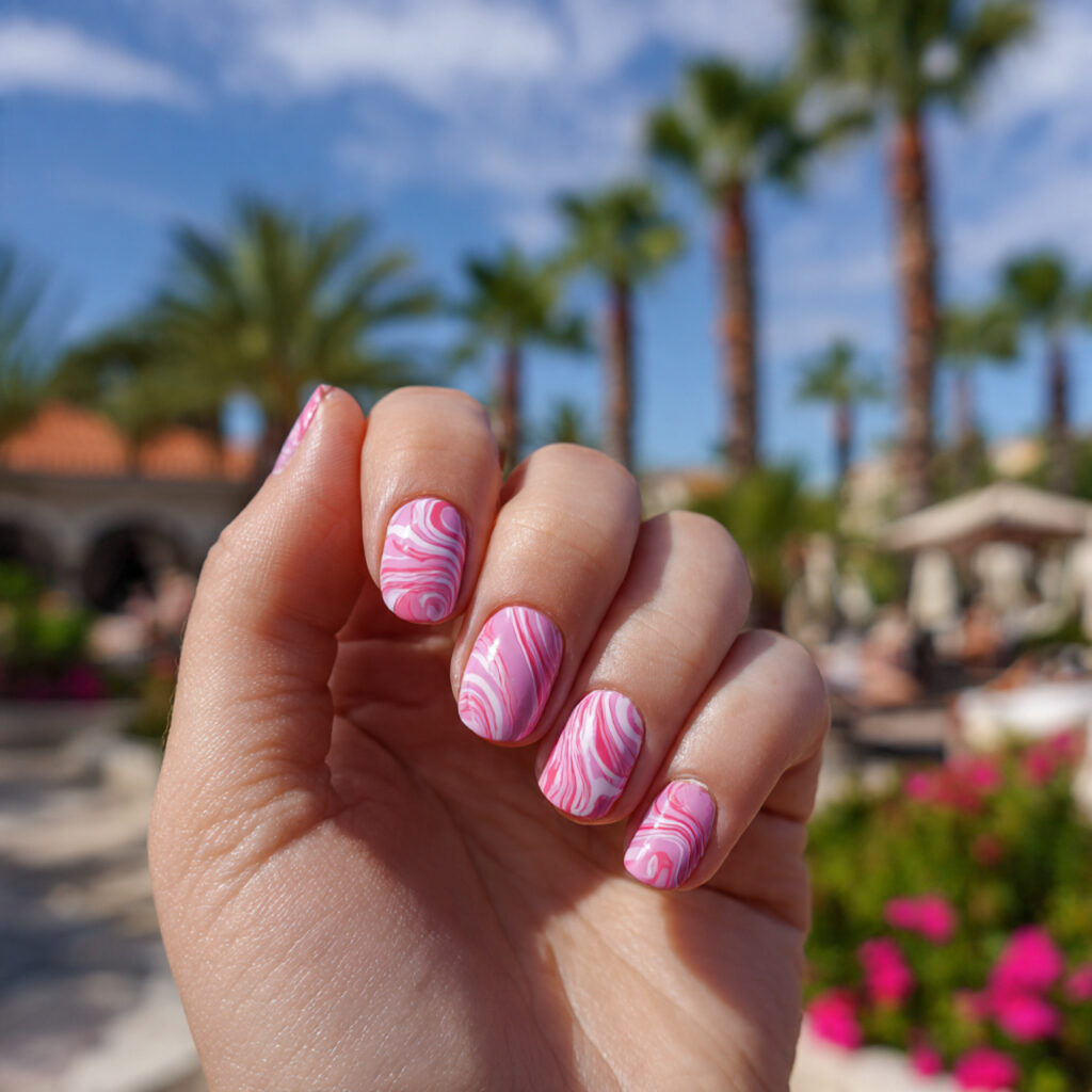 attractive pink swirl nails with outdoor summer ba