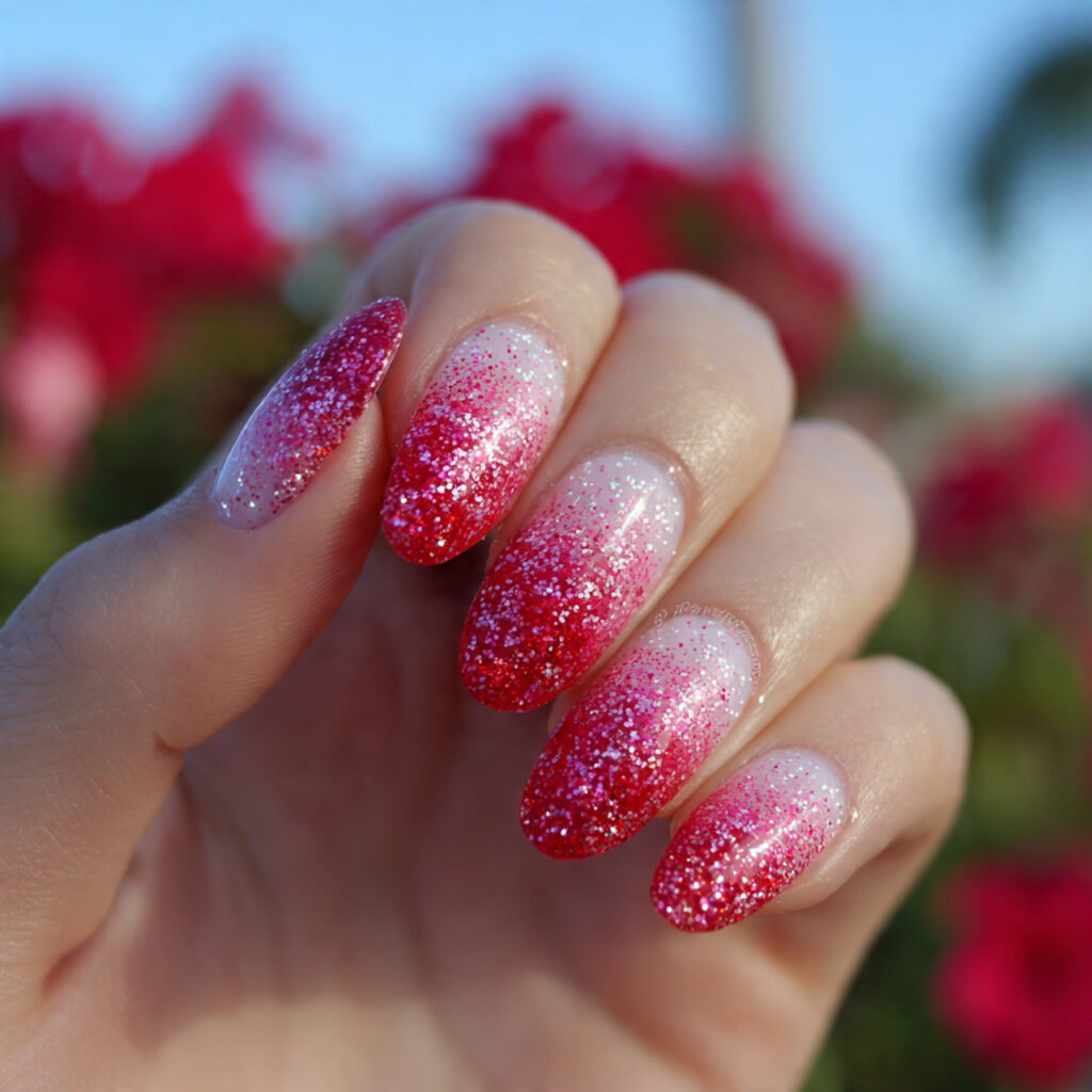attractive pink to red glitter romantic fade nails