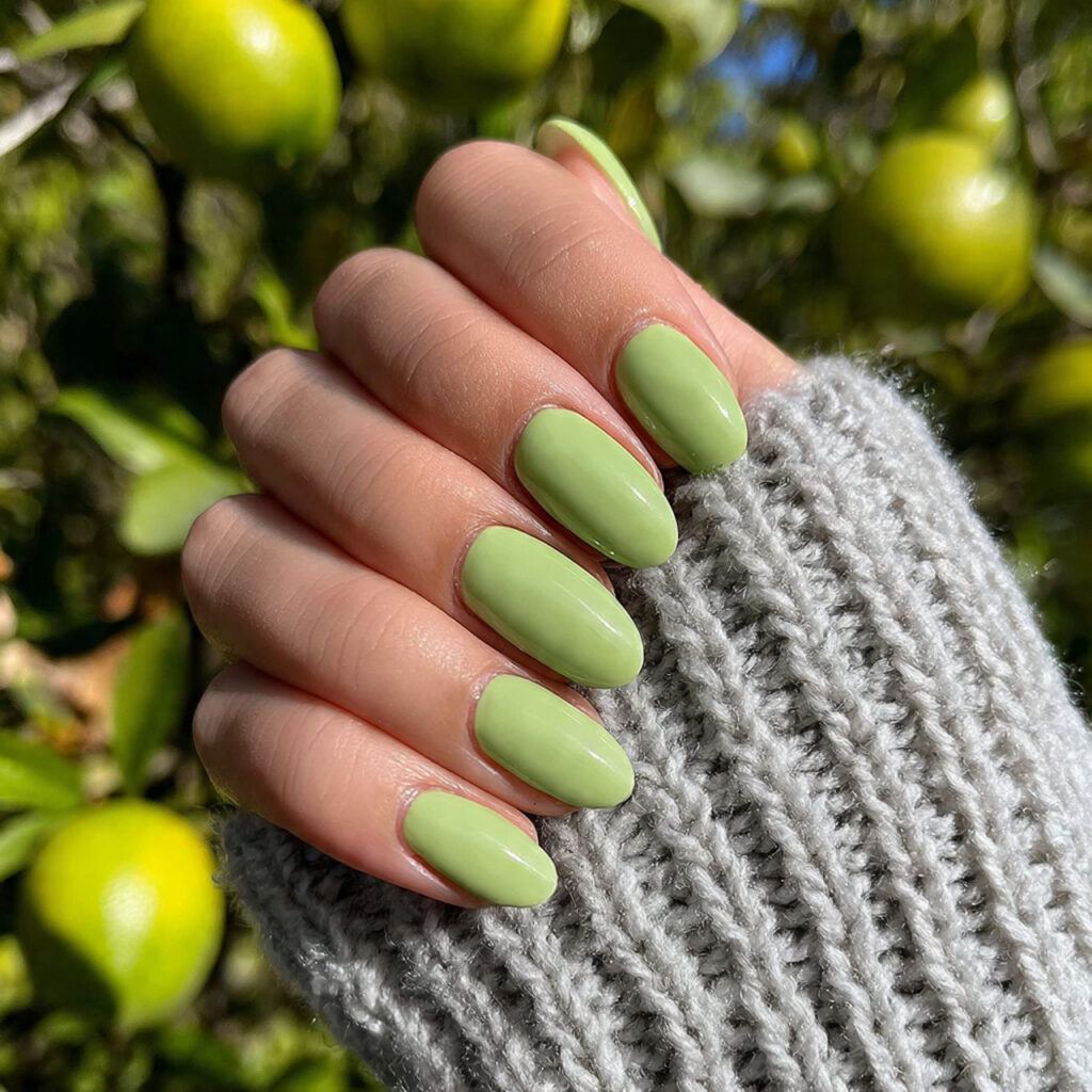 attractive pistachio green nails with a milky fini