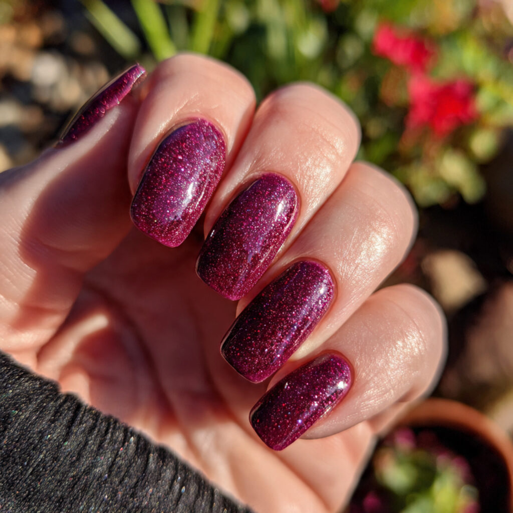 attractive plum pink shimmer nails with outdoor ba