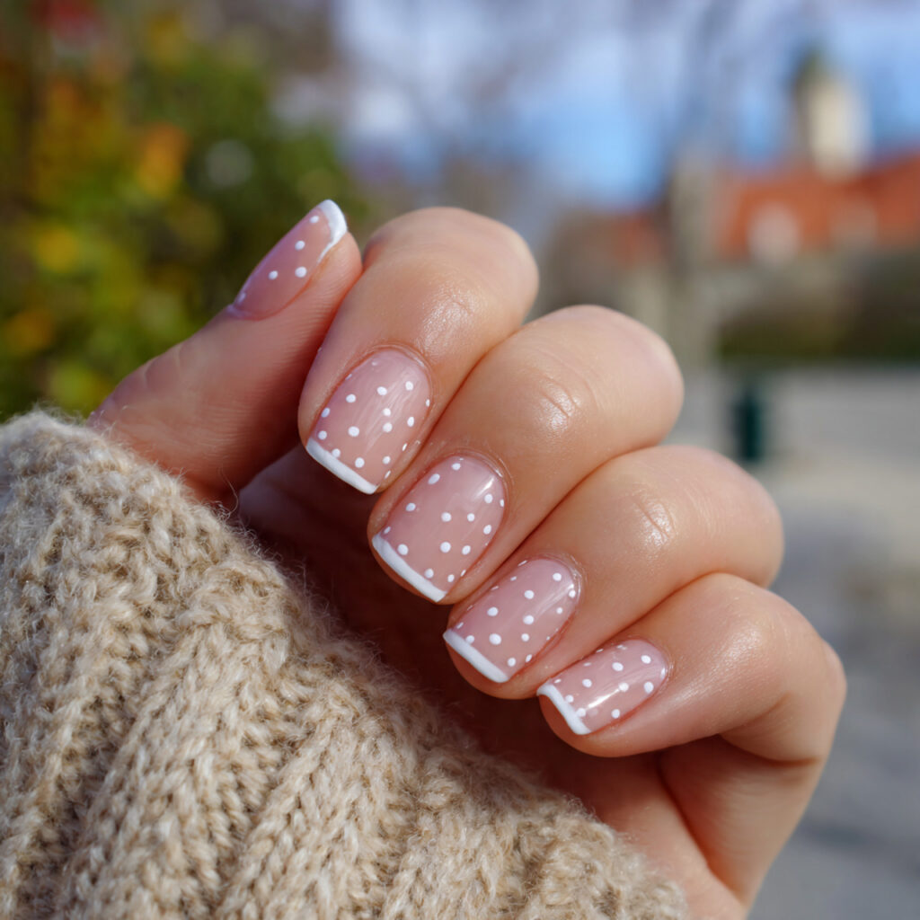 attractive polka dot french tip nails with outdoor