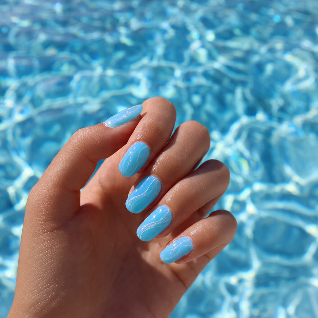 attractive poolside aqua jelly nails with outdoor