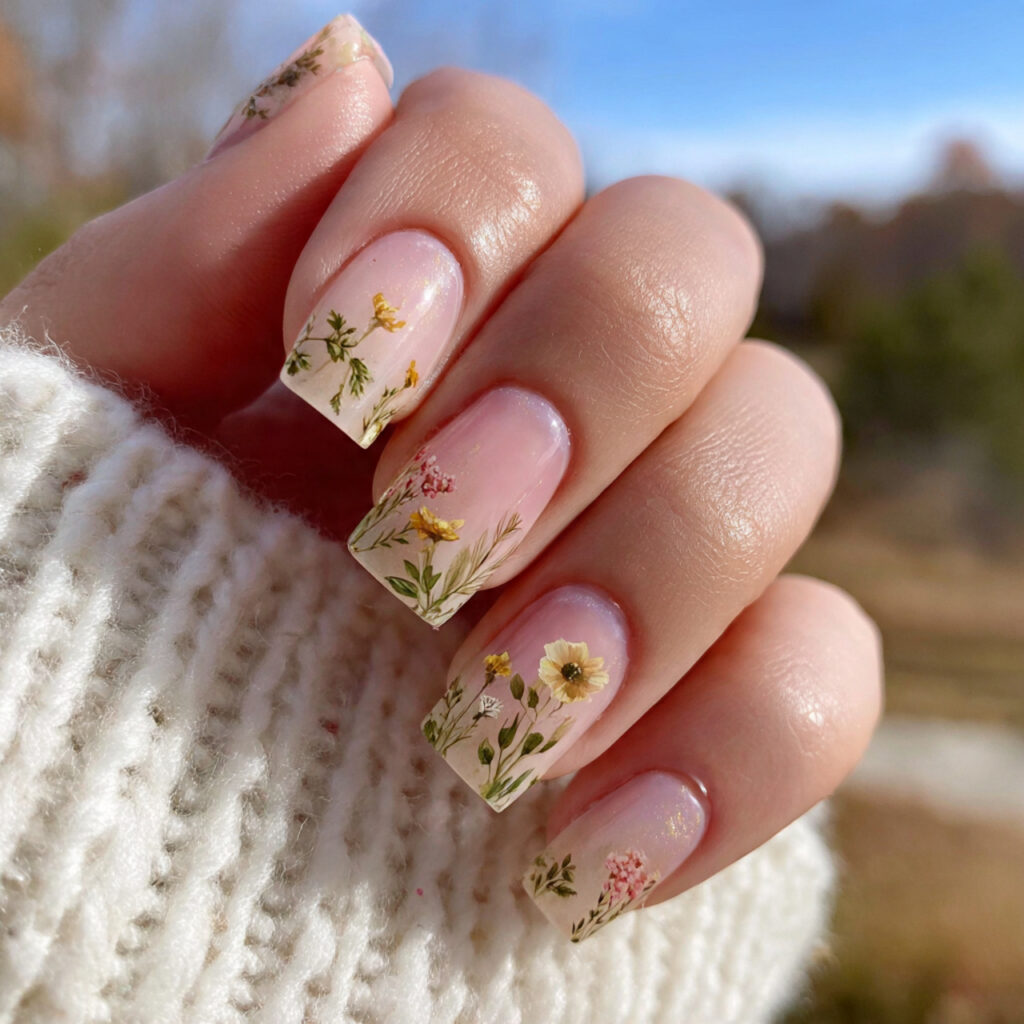 attractive pressed flower inspired nails in soft b