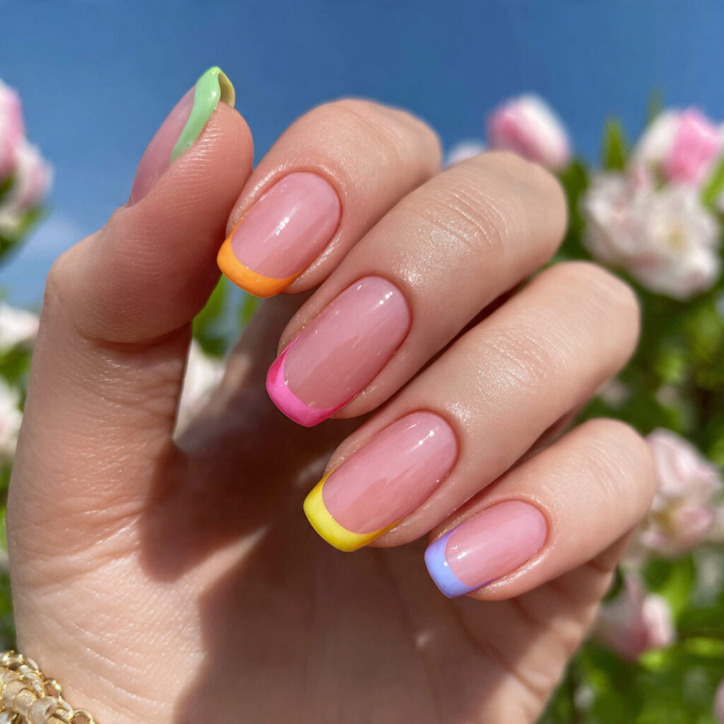 attractive rainbow sorbet french tips with outdoor