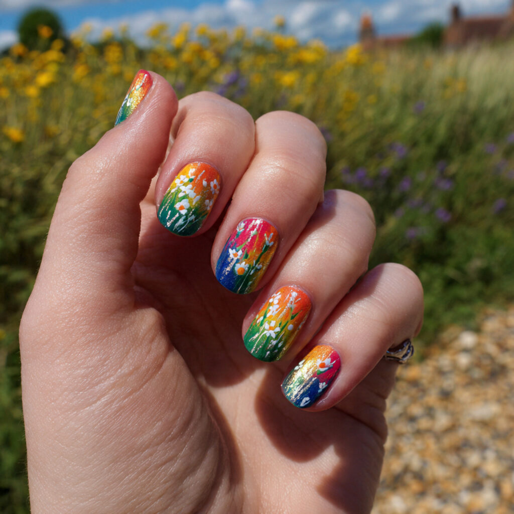 attractive rainbow wildflower nails for a colorful