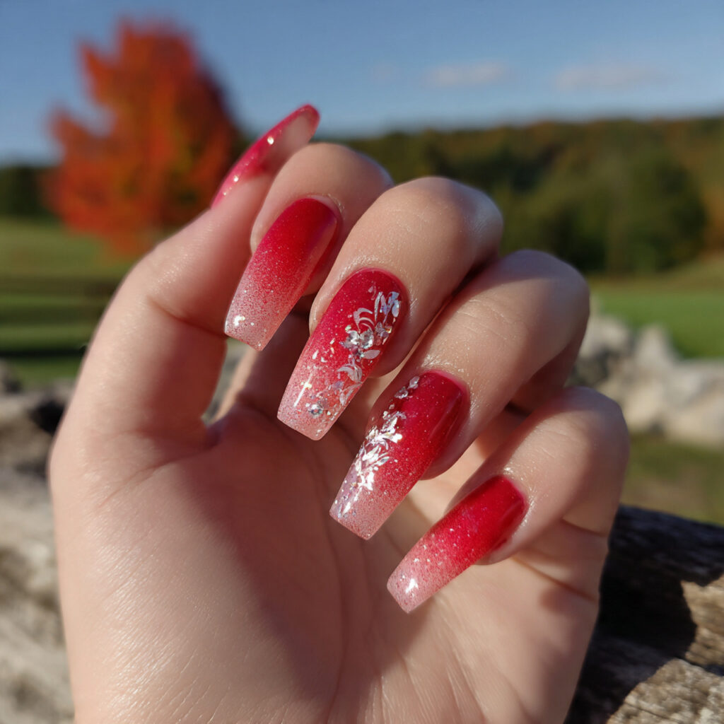 attractive red acrylic french fade nails with summ