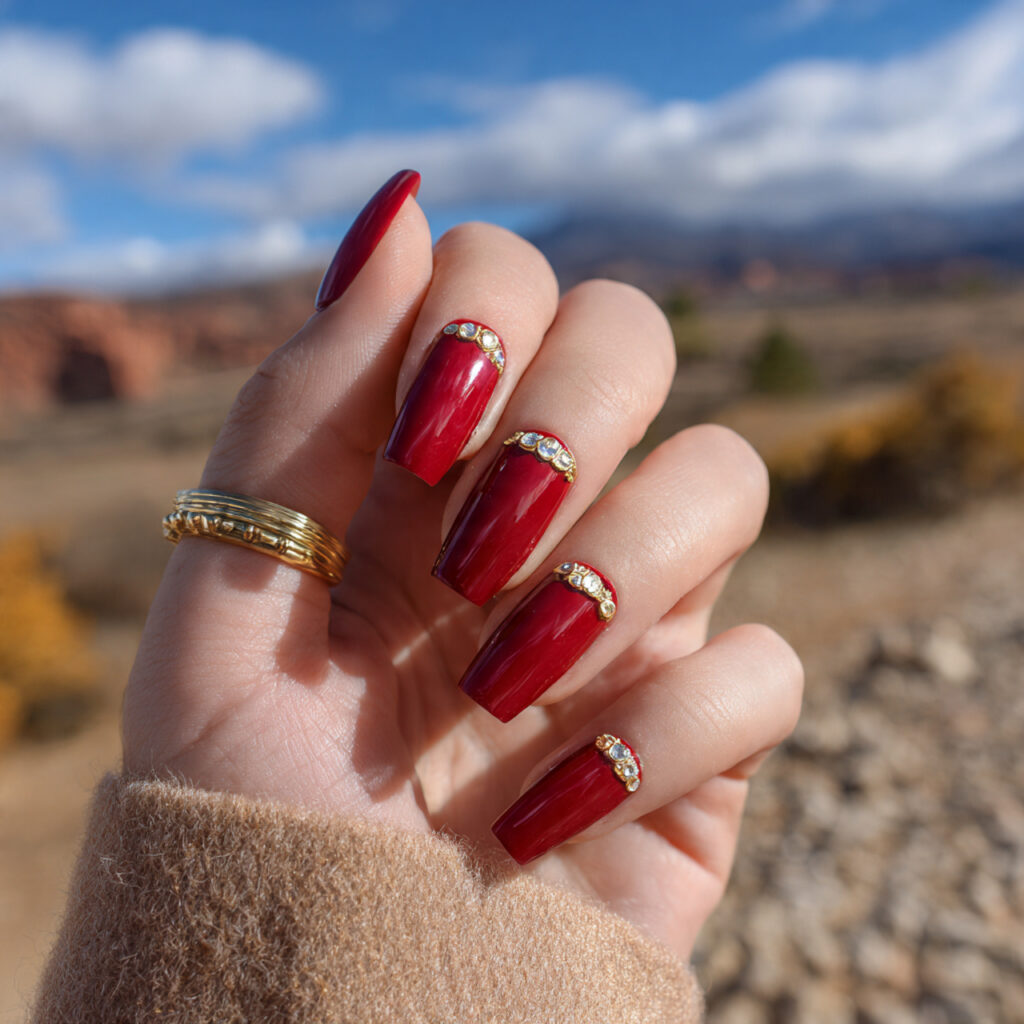 attractive red acrylic with gold cuticle accent na