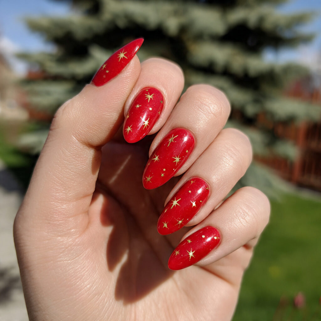 attractive red almond acrylic with tiny gold stars