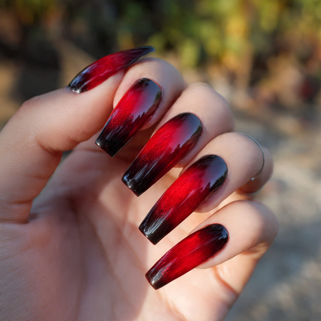 attractive red and black ombre coffin nails with o