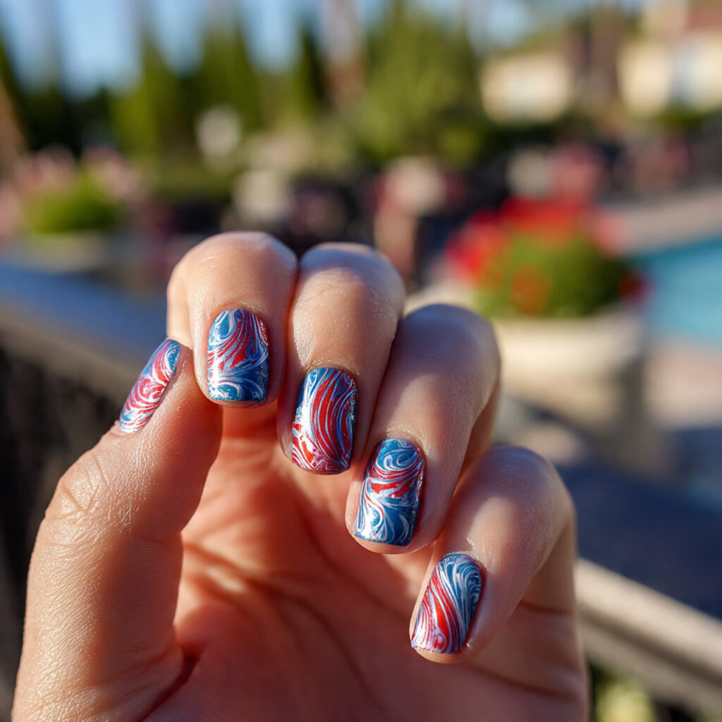 attractive red and blue abstract swirls nails with