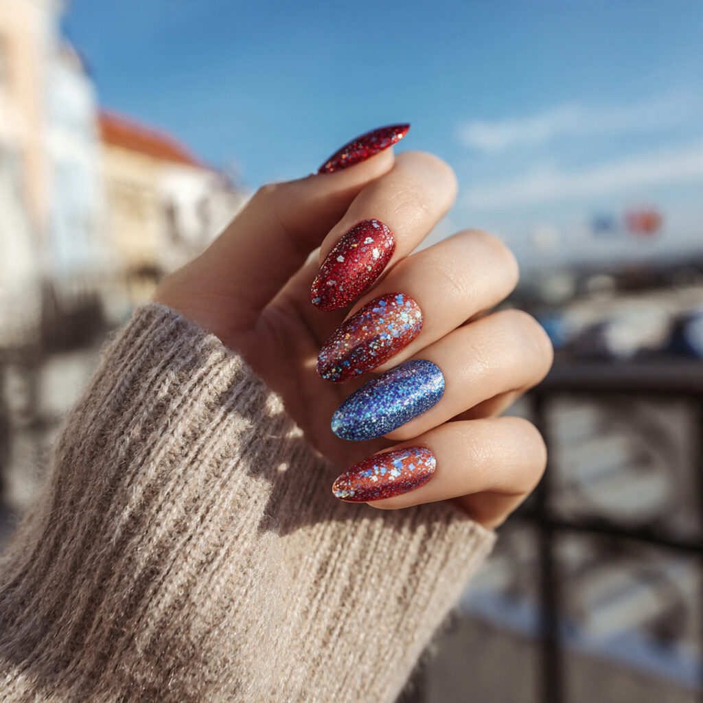 attractive red and blue glitter accent nails with