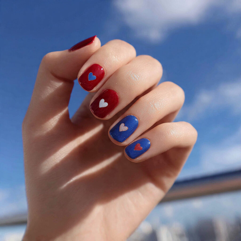 attractive red and blue heart accent nails with ou