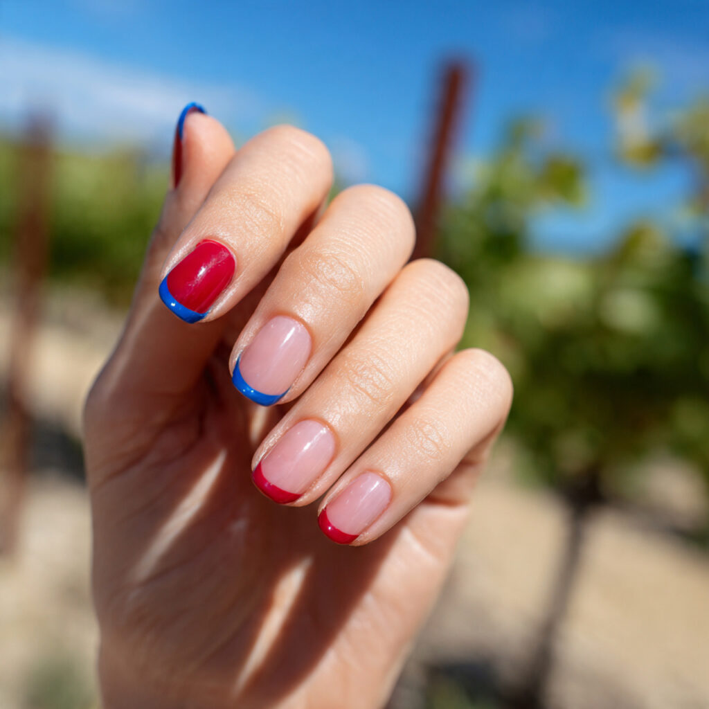 attractive red and blue micro french tips nails wi