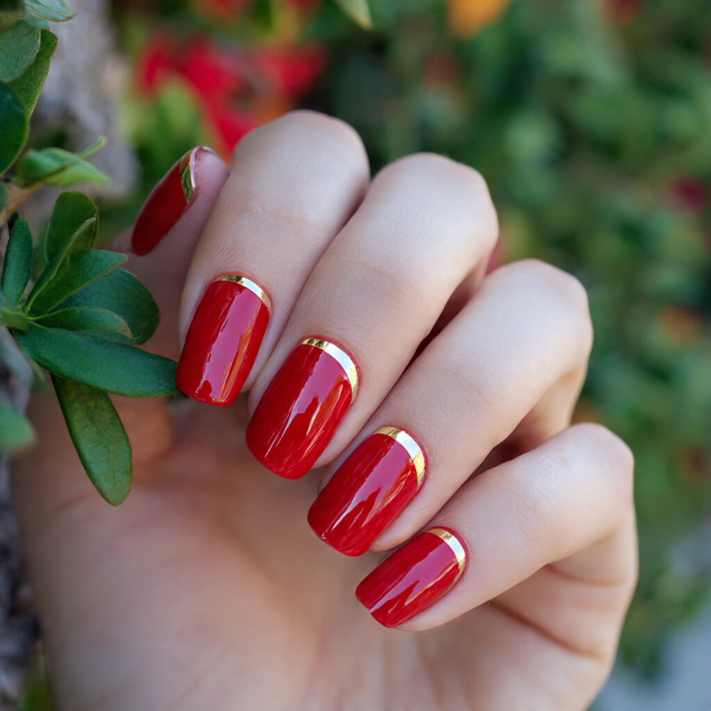 attractive red and gold cuticle line elegance nail