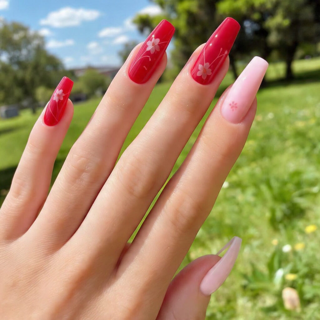 attractive red and pink coquette alternating nails 1