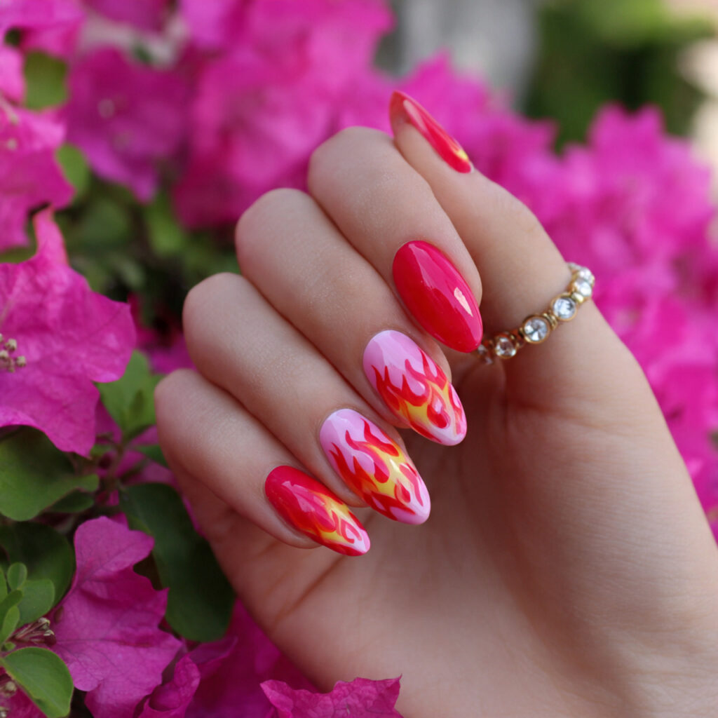 Pink and Red Nails: 15 Flirty, Bold & Pinterest-Perfect Designs You’ll Love 10 attractive red and pink flame art nails with summe