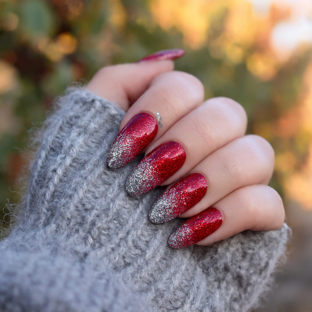 attractive red and silver glitter ombr nails with