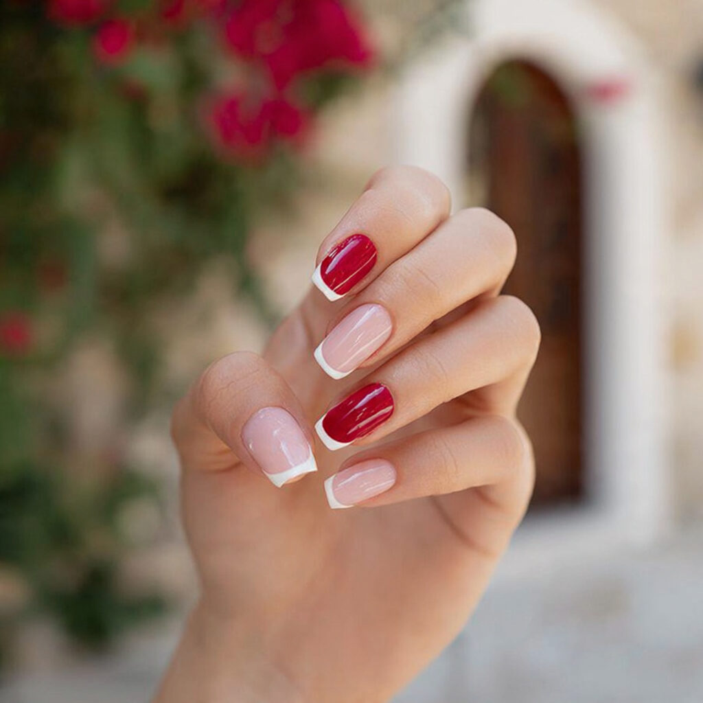attractive red and white double french tips nails