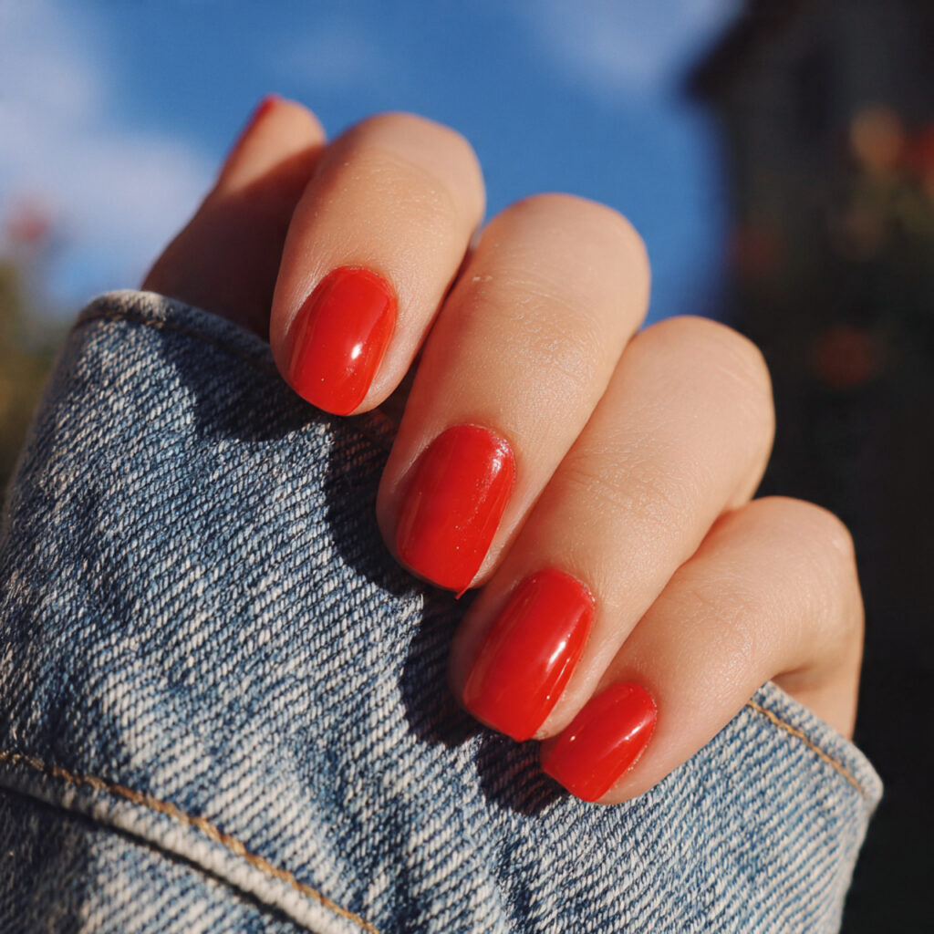attractive red aura short nails with outdoor summe