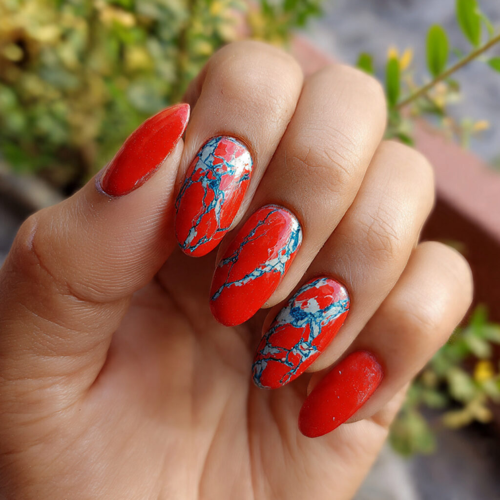 attractive red base with blue marble veins nails w 1