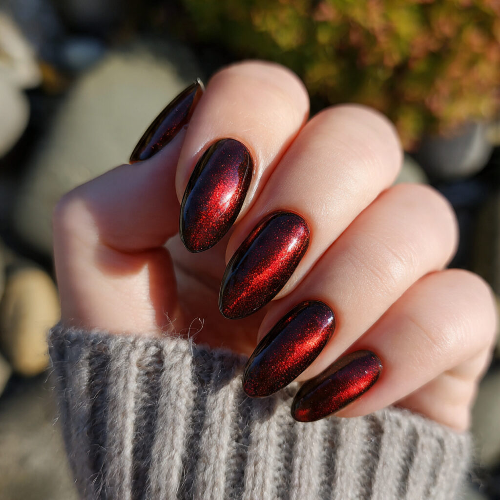 attractive red cat eye aura effect nails with outd