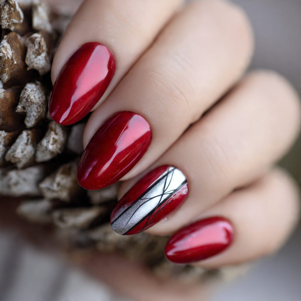 attractive red cat eye with silver line art nails