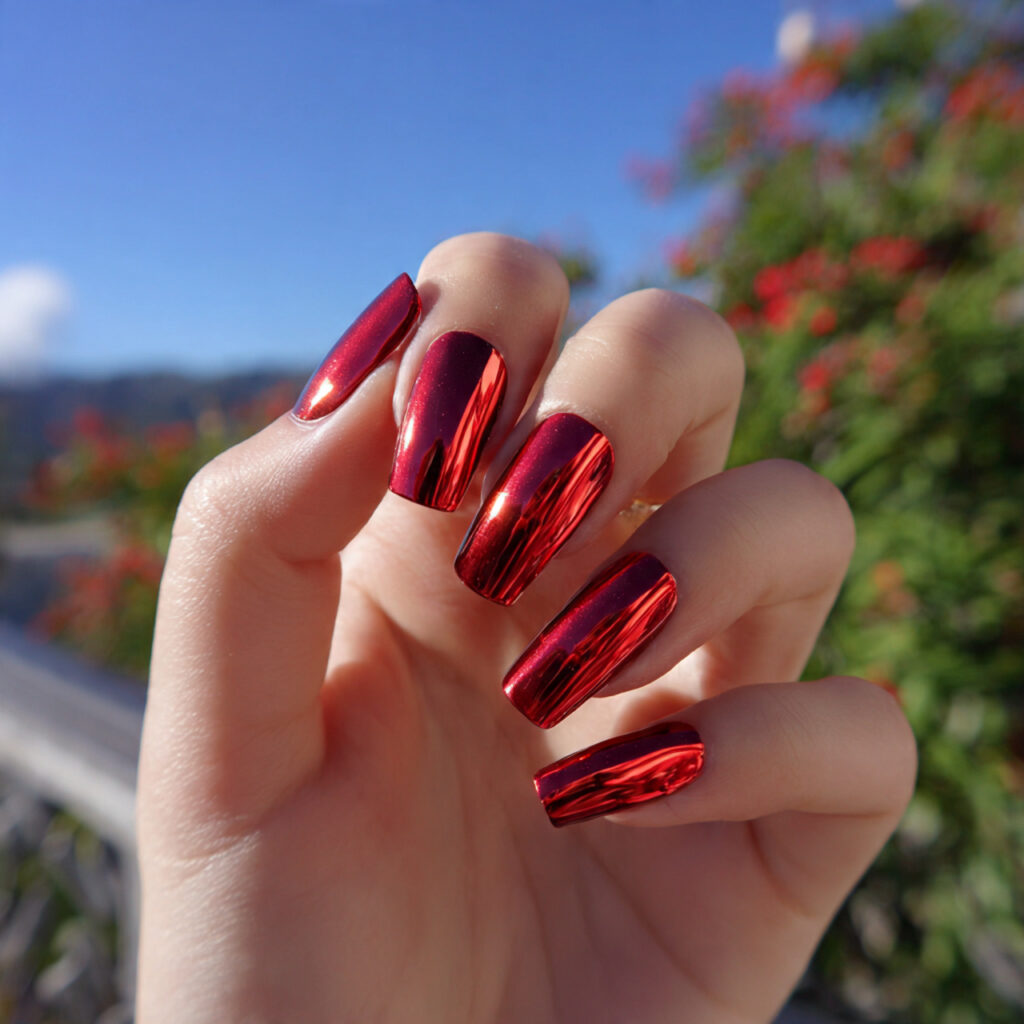attractive red chrome acrylic nails nails with sum