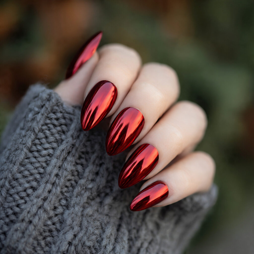 attractive red chrome almond mirror shine nails wi