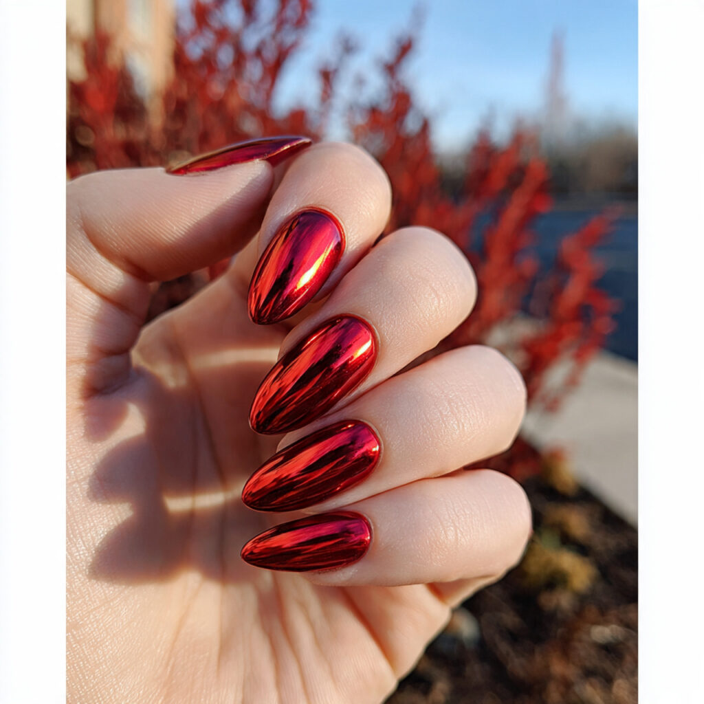 attractive red chrome almond shine nails with outd