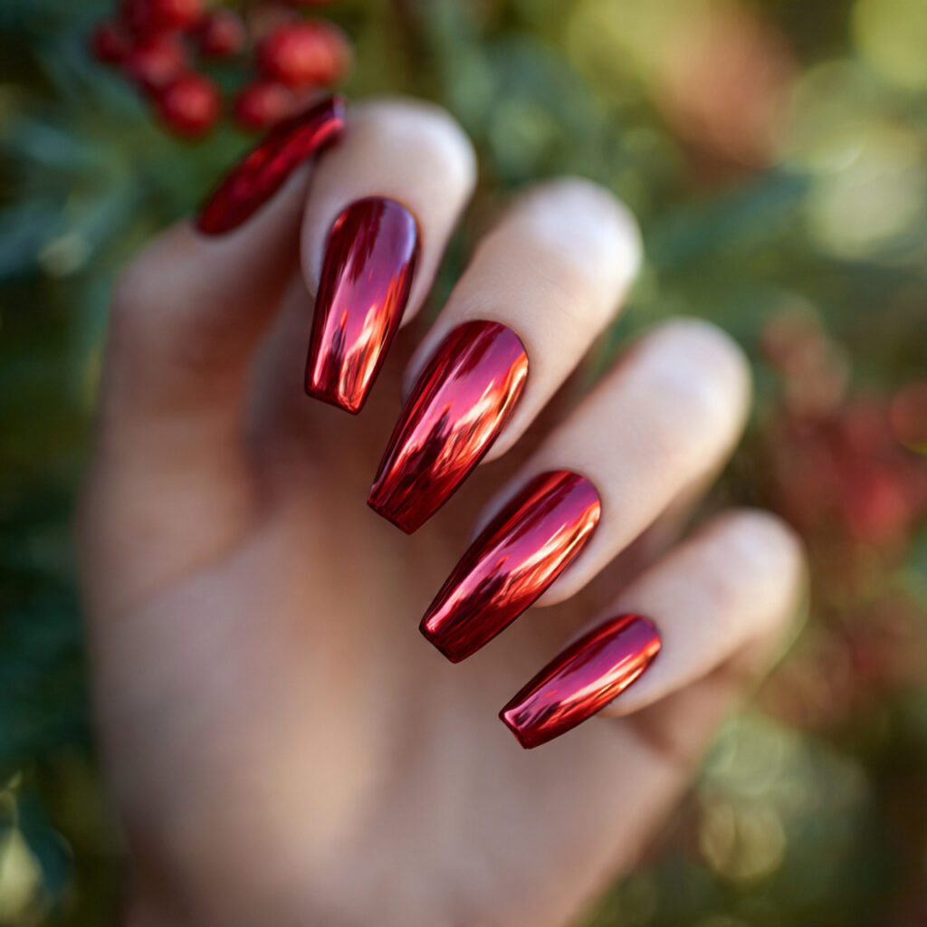 attractive red chrome coffin nails nails with outd