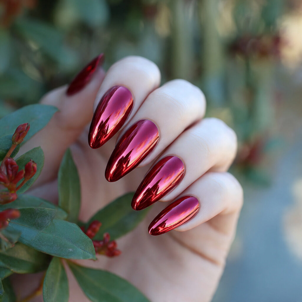 attractive red chrome mirror almond nails with out 1