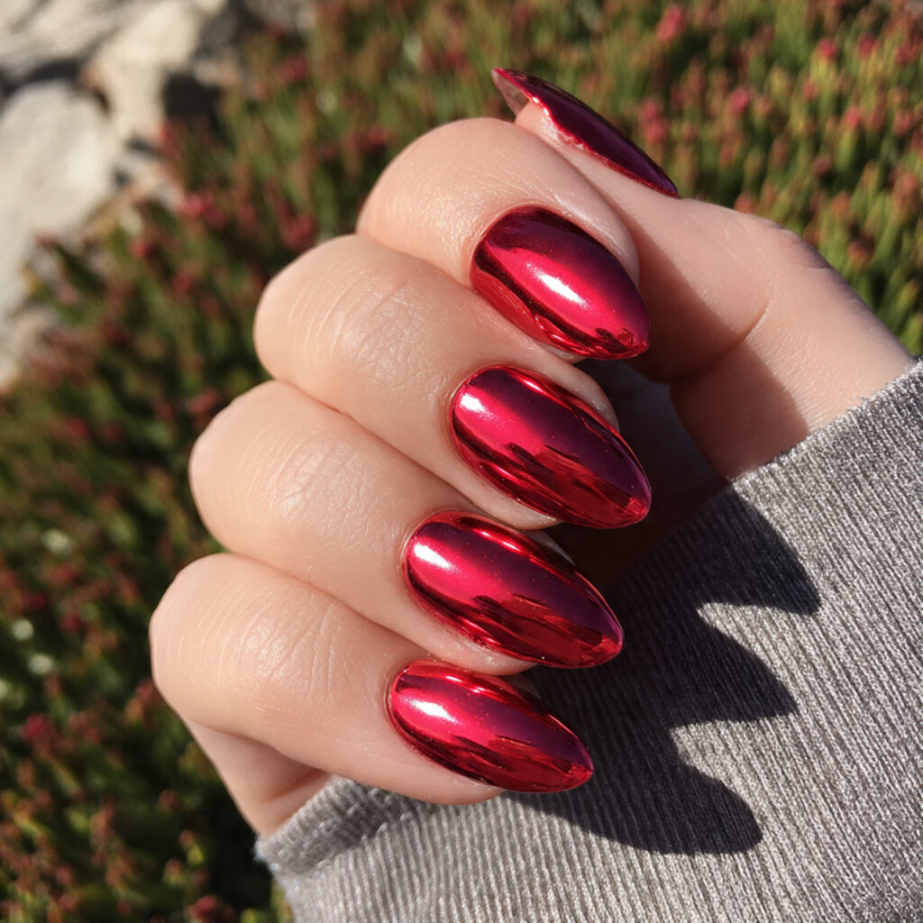 attractive red chrome mirror almond nails with out 2