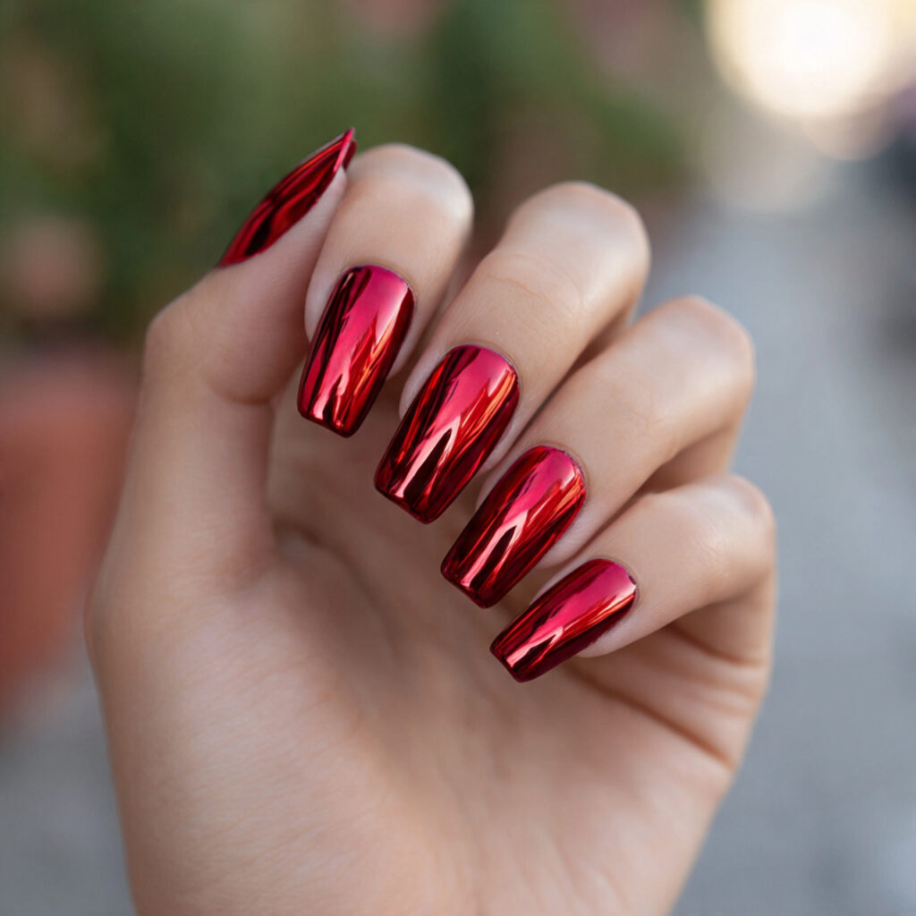 attractive red chrome mirror nails nails with outd