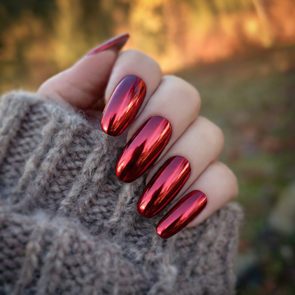 Nail Inspo Red: 14 Stunning Red Nail Ideas That Feel Bold, Chic, and Impossible to Ignore 10 attractive red chrome mirror nails with outdoor ba