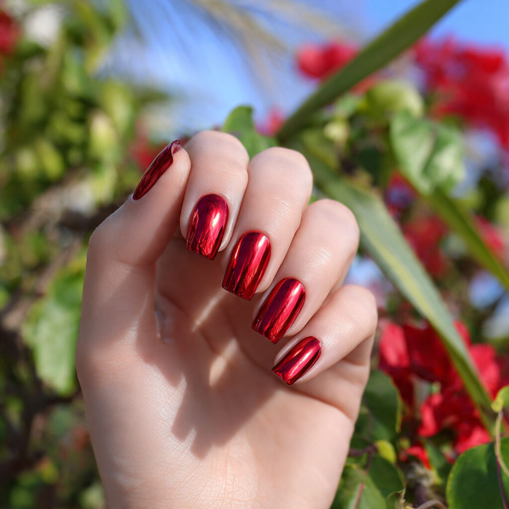 attractive red chrome prom nails with summer outdo