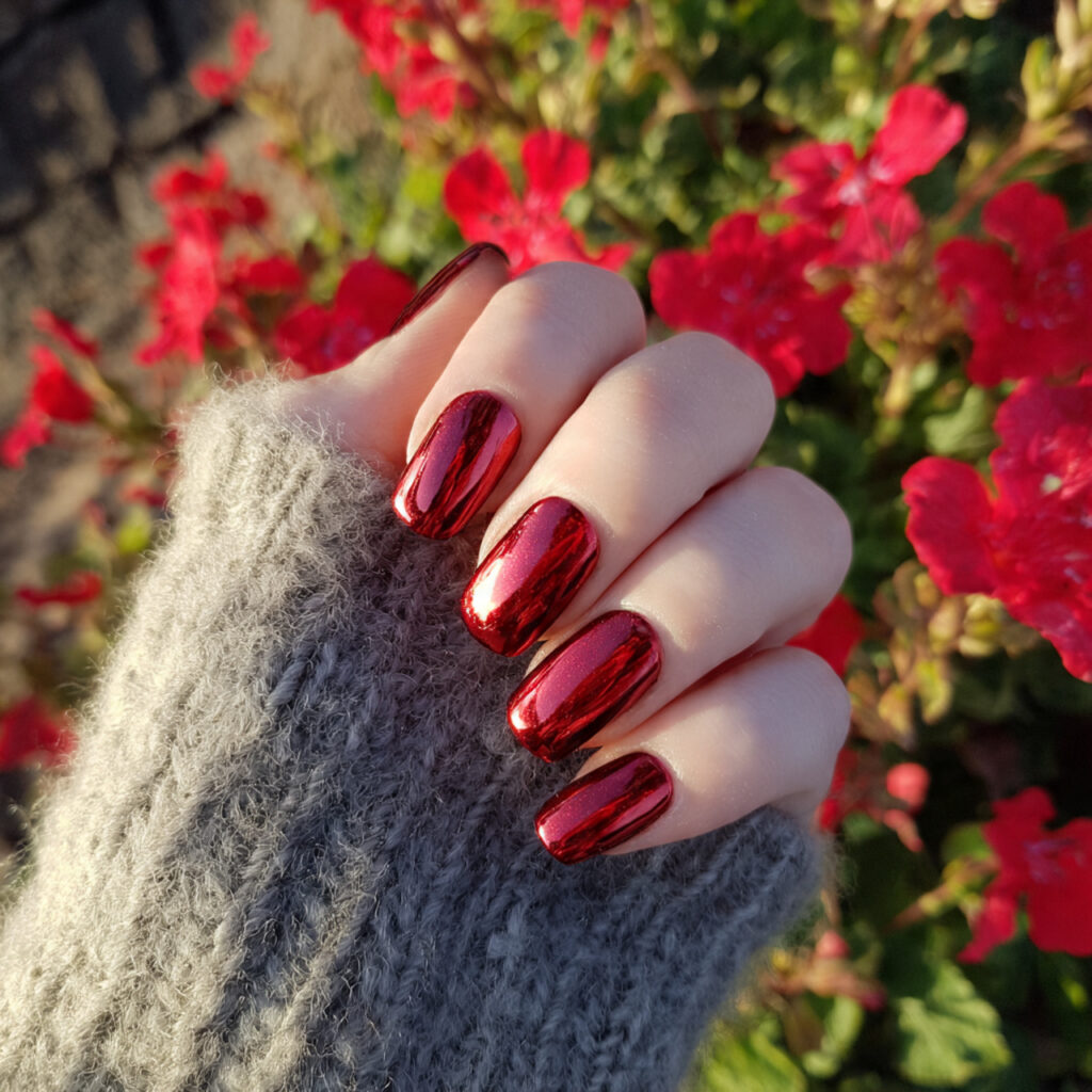 attractive red chrome short nails with outdoor bac