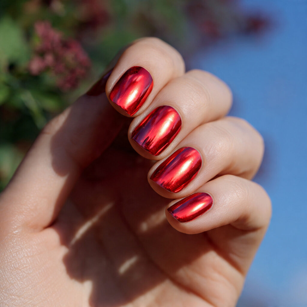 attractive red chrome short nails with outdoor sum