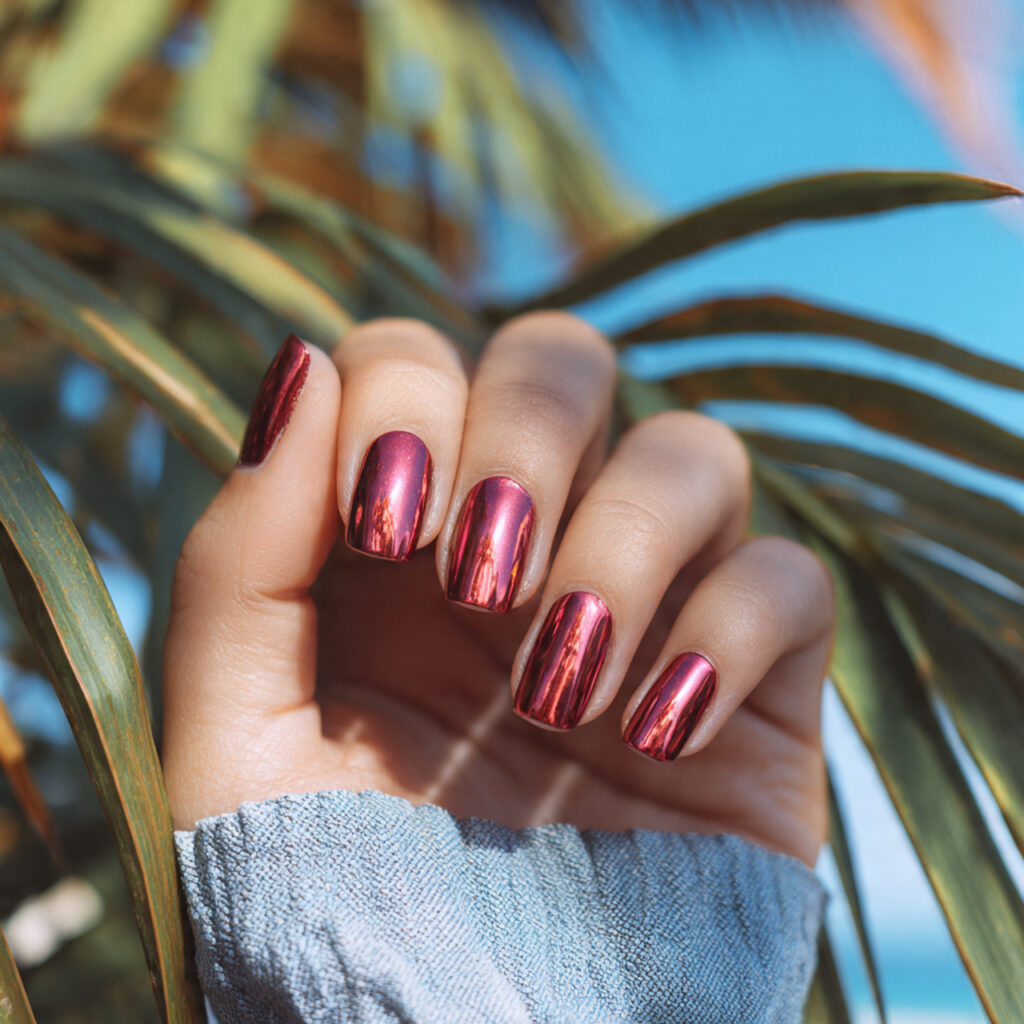 attractive red chrome square nails with summer out