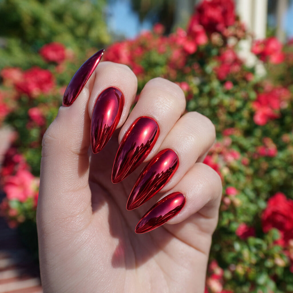 attractive red chrome stiletto nails with summer o