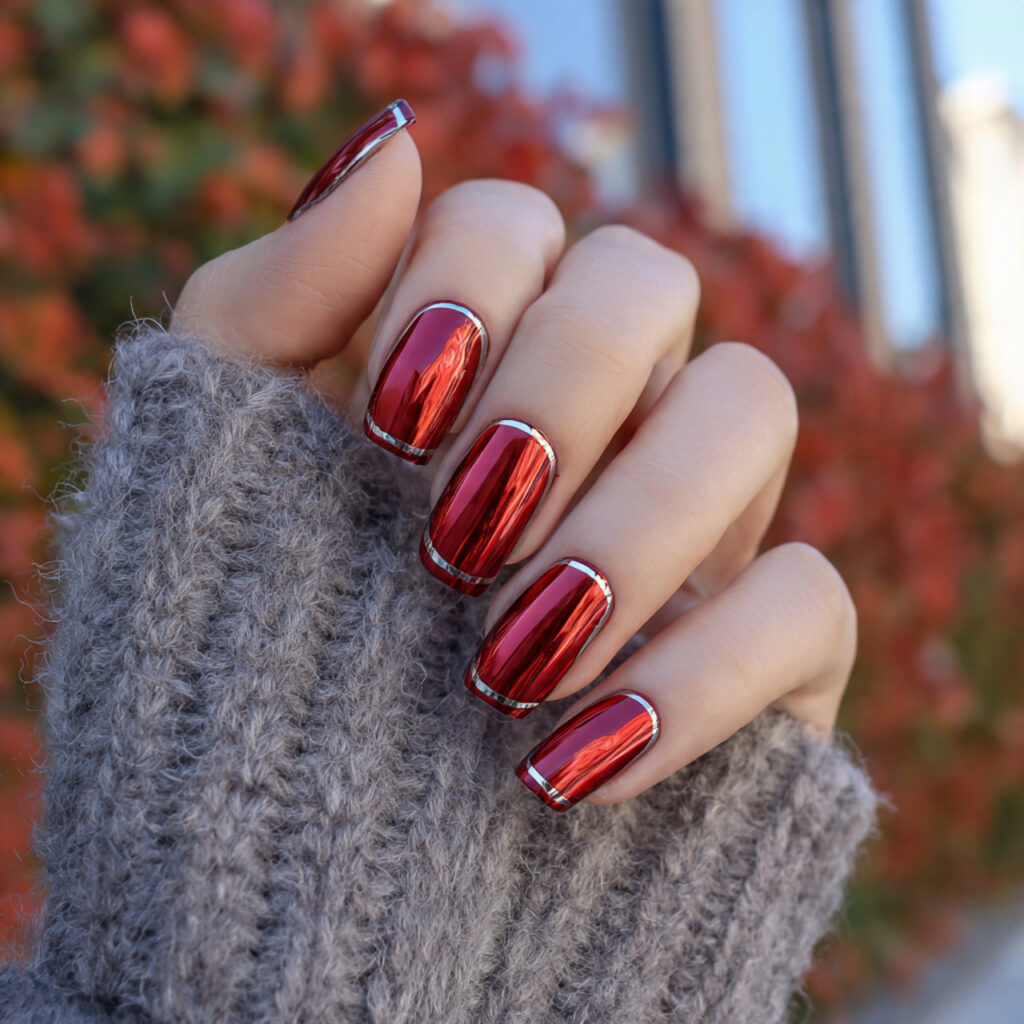 attractive red chrome with silver outline nails wi