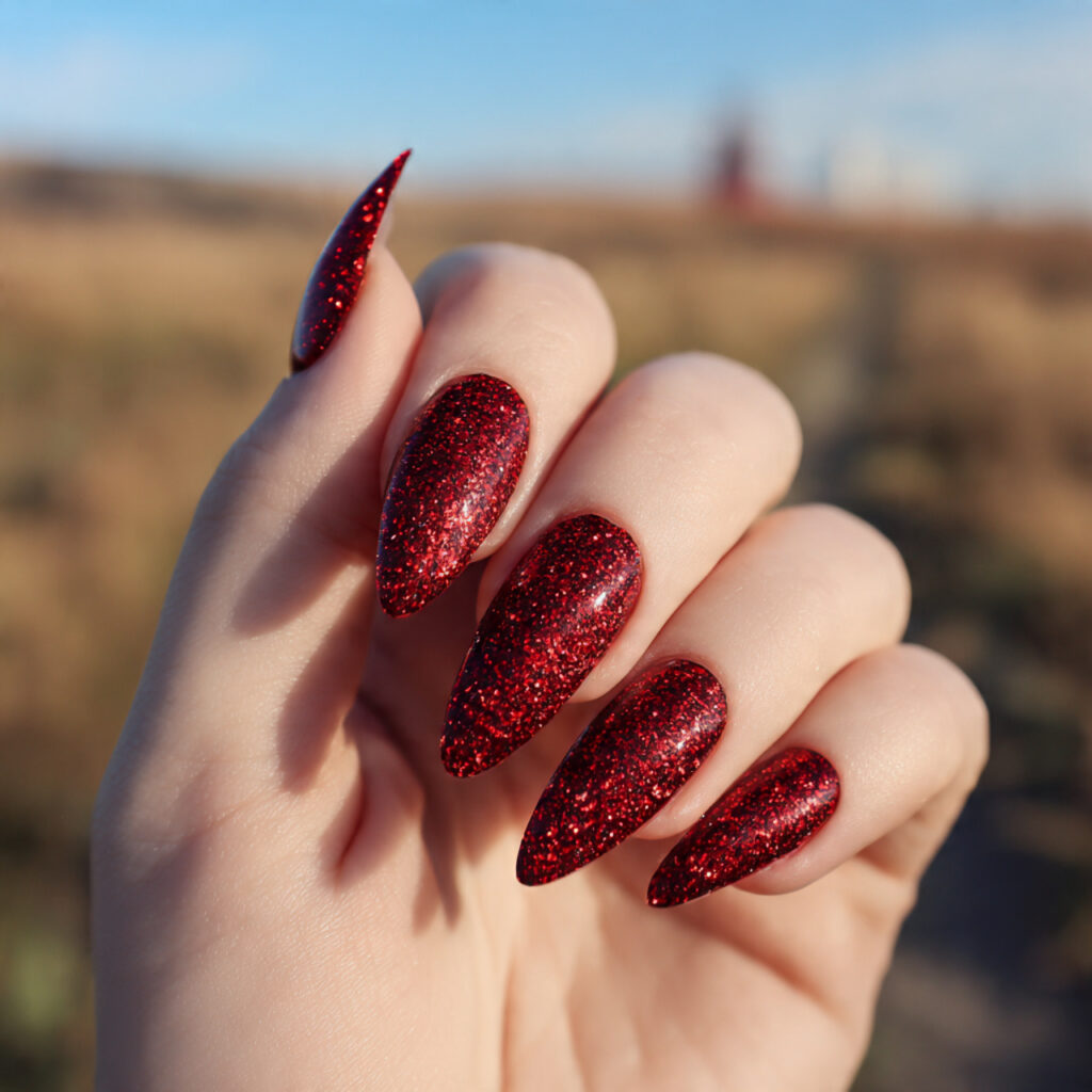 attractive red chunky glitter stiletto nails with