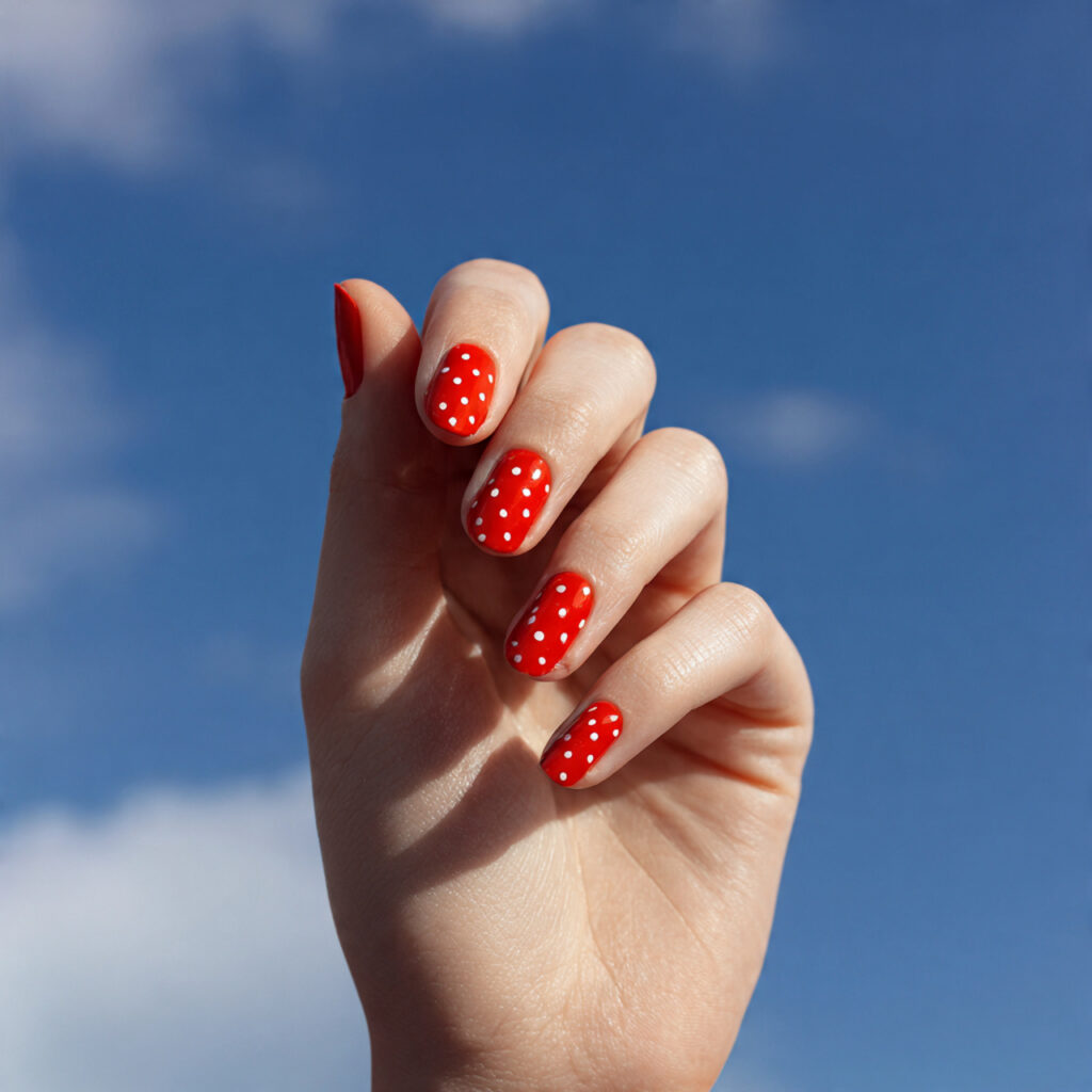 attractive red dot minimalist nails outdoor backgr