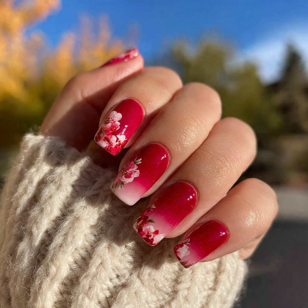 attractive red flower ombre tips nails with outdoo