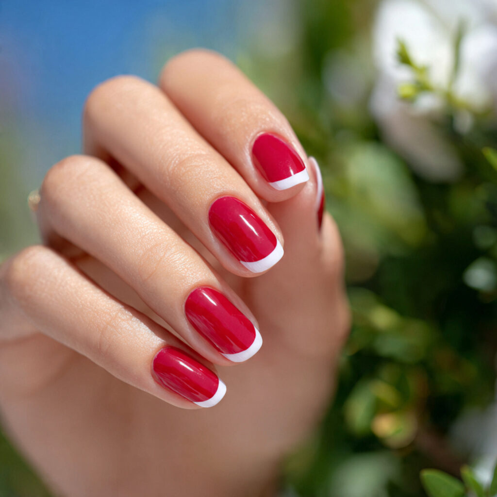 attractive red french on white acrylic nails with