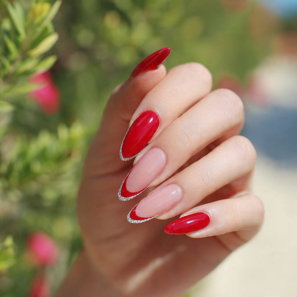 attractive red french stiletto tips nails with sum