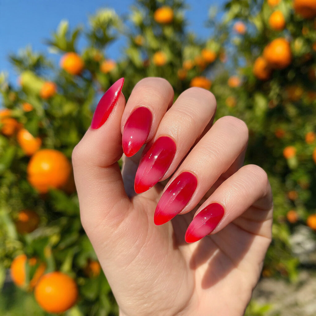 attractive red gel ombre almond nails with summer